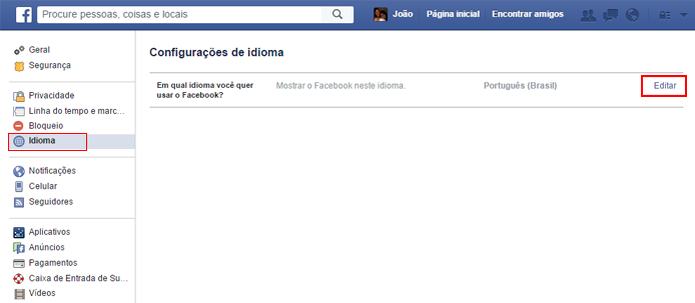Opção de mudar idiomas pode ser localizada com facilidade (Foto: Reprodução/Facebook) Opção de mudar idiomas pode ser localizada com facilidade (Foto: Reprodução/Facebook)