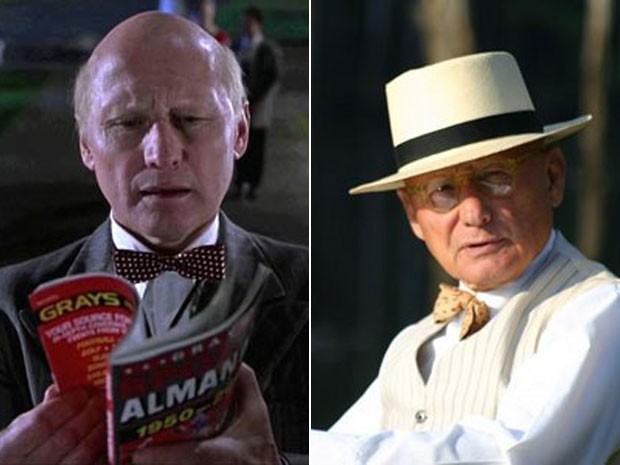 James Tolkan, à esquerda, em cena de 'De volta para o futuro parte II' e, à direita, em 'Heavens fall', de 2006 (Foto: Divulgação)