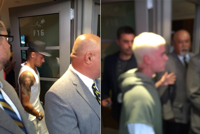 Neymar e Justin Bieber saem do camarote no estádio Rose Bowl (Foto: Alexandre Lozetti/GloboEsporte.com)