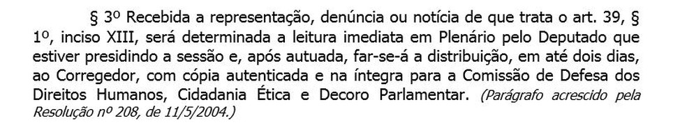 Trecho do regimento da Câmara que fala sobre trâmite de recebimento de pedidos de cassação (Foto: Reprodução)