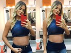 Andressa Suita, grávida, mostra truque para usar calças que não fecham