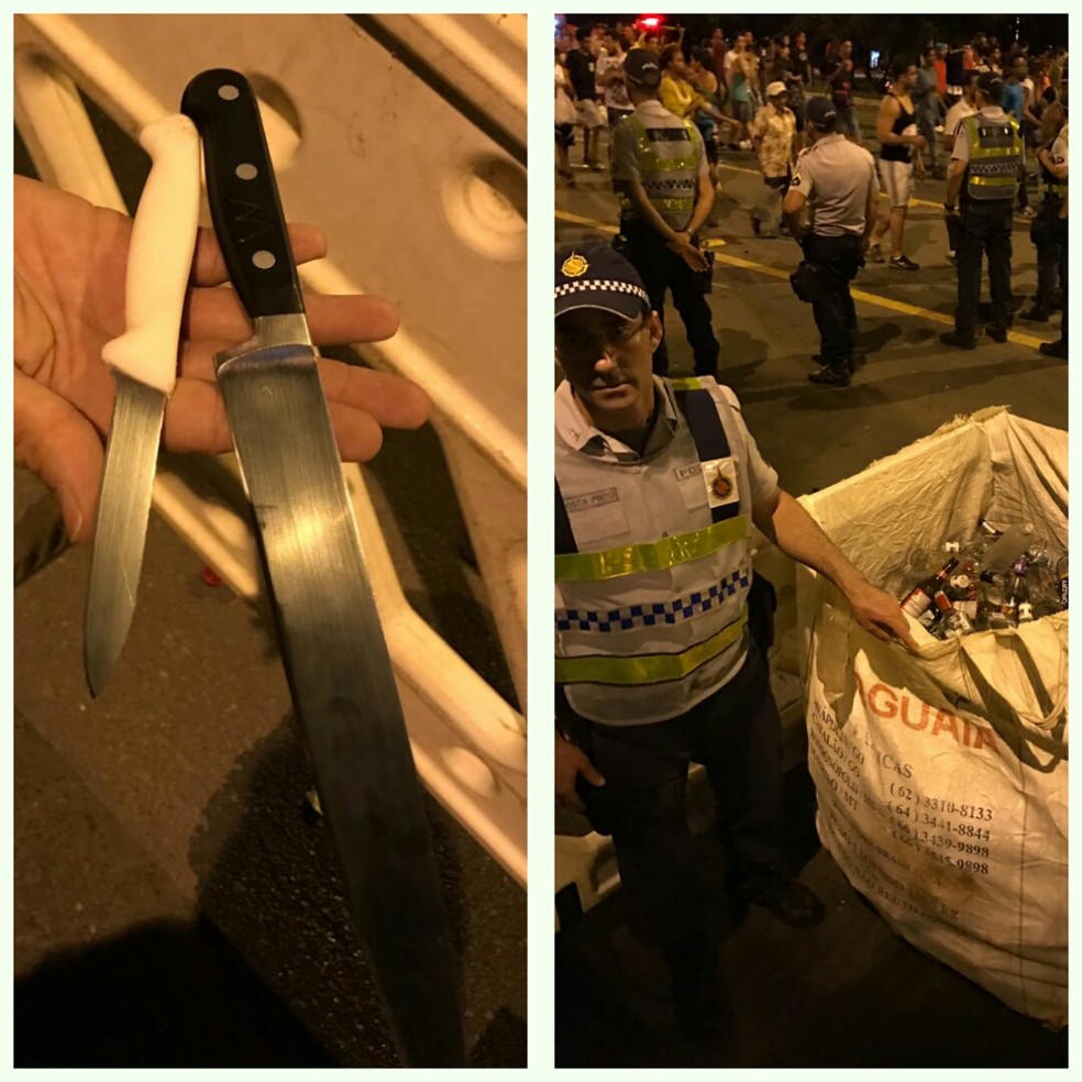 Imagens divulgadas pela Polícia Militar mostram facas e garrafas de vidro apreendidas nos blocos do DF nesta terça (Foto: PMDF/Divulgação) (Foto: )