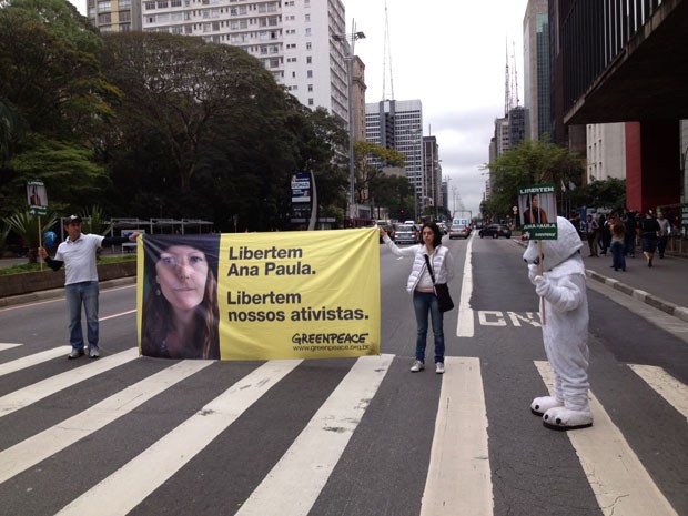 Ativistas do Greenpeace seguram faixa na Avenida Paulista durante manifestação realizada neste sábado (Foto: Eduardo Carvalho/G1)