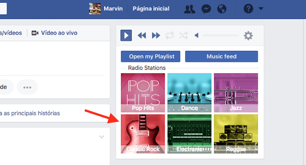 Opções de playlists para ouvir música dentro do Facebook (Foto: Reprodução: Marvin Costa)