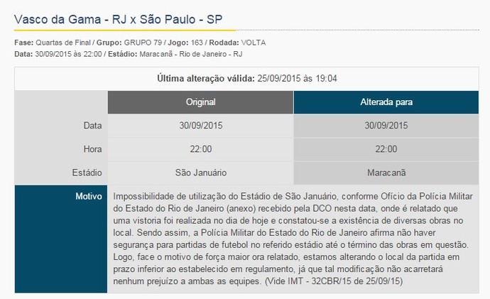 vasco sao paulo jogo maracana justificativa (Foto: Reprodução)