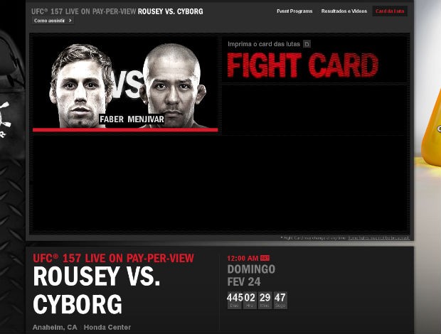 Site do UFC no Brasil crava Rousey x Cyborg no evento principal do UFC 157 (Foto: Reprodução/site oficial)