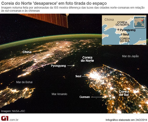 Infográfico - Coreia do Norte desaparece em foto feita no espaço. (Foto: Nasa)