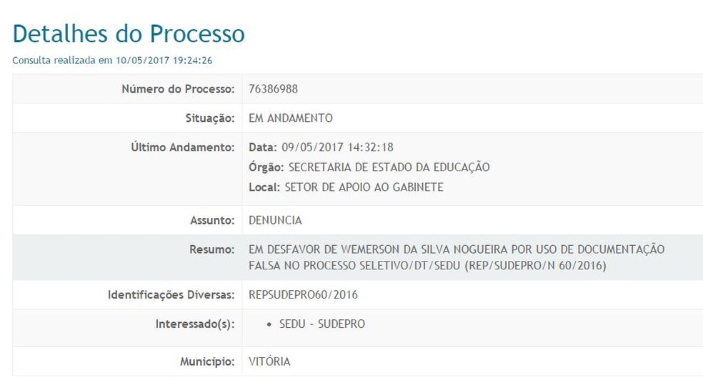 ReproduÃ§Ã£o do processo no site da Sedu (Foto: ReproduÃ§Ã£o/ Sedu)