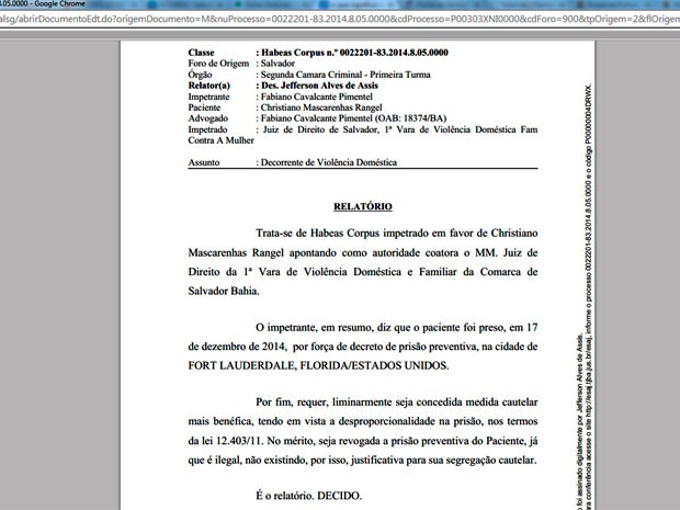 No site do Tribunal de Justiça da Bahia consta o pedido de Habeas Corpus do advogado de defesa de Christiano Rangel, feito no dia 18 de dezembro, um dia após a prisão do empresário (Foto: Reprodução/Site do TJ-BA)