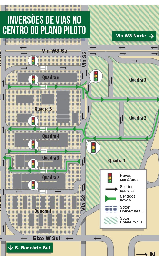 Mapa mostra como ficará o trânsito no Setor Comercial Sul após mudanças (Foto: GDF/Divulgação)