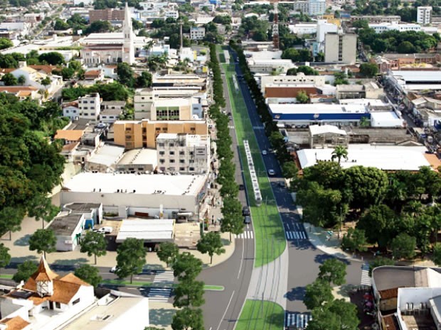 Simulação mostra trecho do VLT na Avenida Prainha, em Cuiabá, parte da linha 1. (Foto: Divulgação / Secopa)
