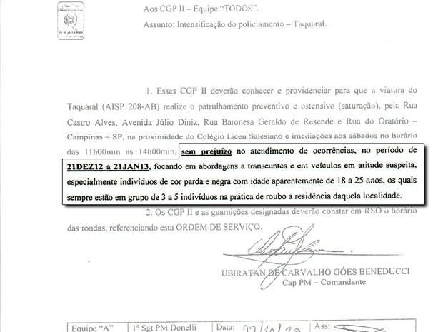 Ordem de serviço enviada pela Polícia Militar em Campinas (Foto: Reprodução EPTV)