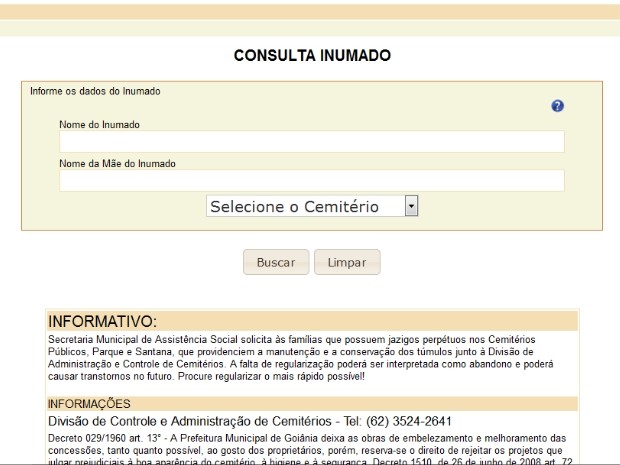Consulta do túmulo pode ser feita no site da Prefeitura de Goiânia (Foto: Reprodução/Prefeitura de Goiânia)