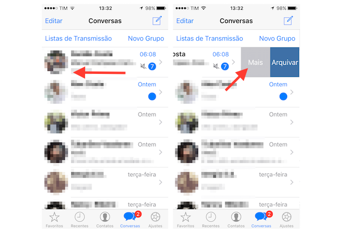 Acessando as opções rápidas para um chat do WhatsApp para iPhone (Foto: Reprodução/Marvin Costa)