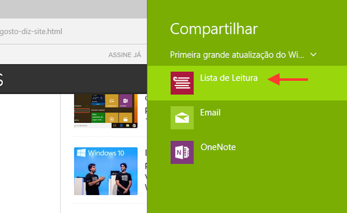 Enviando uma página aberta no Microsoft Edge para a lista de leitura do Windows 10 (Foto: Reprodução/Marvin Costa)
