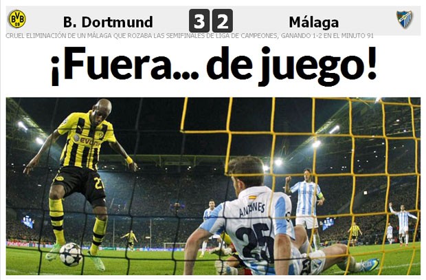 Jornal "Marca" cita impedimento no jogo Borussia Dortmund x Málaga (Foto: Reprodução) Jornal "Marca" cita impedimento no jogo Borussia Dortmund x Málaga (Foto: Reprodução)