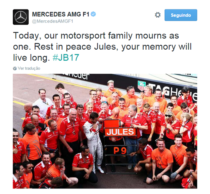 Mercedes posta homenagem sobre Jules Bianchi (Foto: Reprodução)