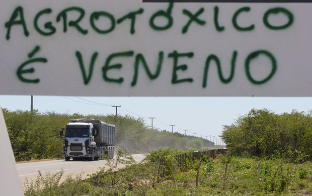  Faixa contra agrotóxicos foi colocada em Limoeiro do Norte, no Ceará  (Foto: Reuters/Davi Pinheiro)