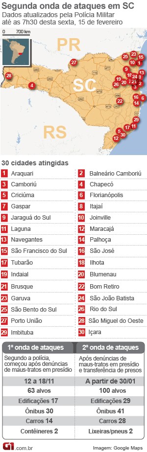 mapa de ataques em santa catarina 15 de fevereiro (Foto: Arte/G1)