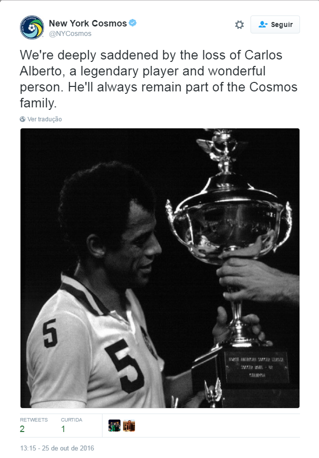 Cosmos homenagem Carlos Alberto Torres (Foto: Reprodução / Twitter)