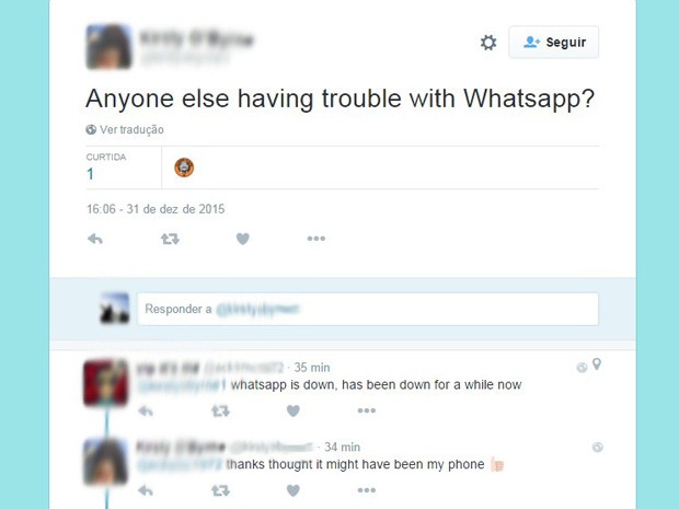 Usuária da Escócia reclama sobre instabilidade do WhatsApp no Twitter (Foto: Reprodução/Twitter)