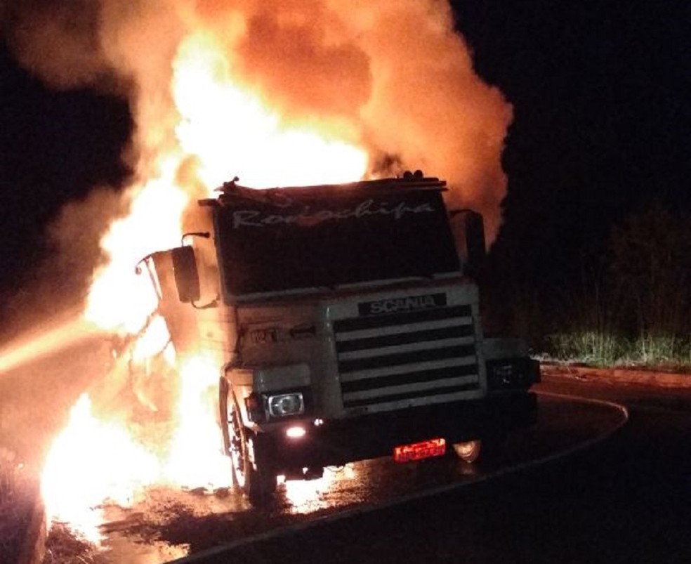 Motorista disse que fogo começou em uma das rodas do caminhão (Foto: Bombeiros/Divulgação)
