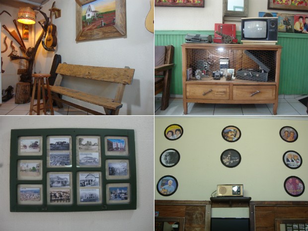 Bancos de madeira, televisores antigos, fotos históricas de Londrina e capas de discos sertanejos fazem parte da decoração (Foto: Rodrigo Saviani/G1)