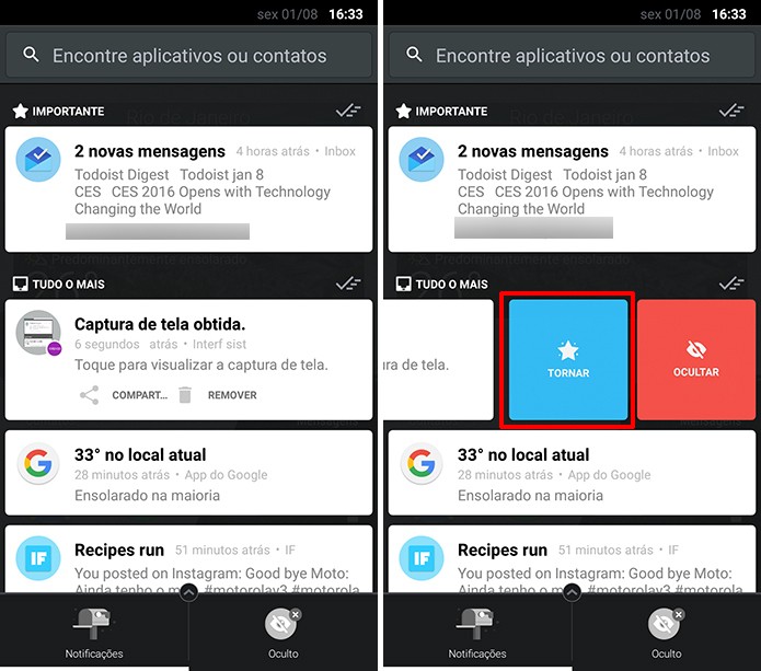 Notificações podem ser marcadas como importantes para aparecerem no topo do Snowball (Foto: Reprodução/Elson de Souza)