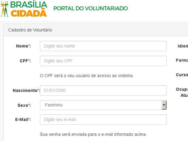 Página de cadastro do Portal do Voluntariado (Foto: Reprodução/GDF)