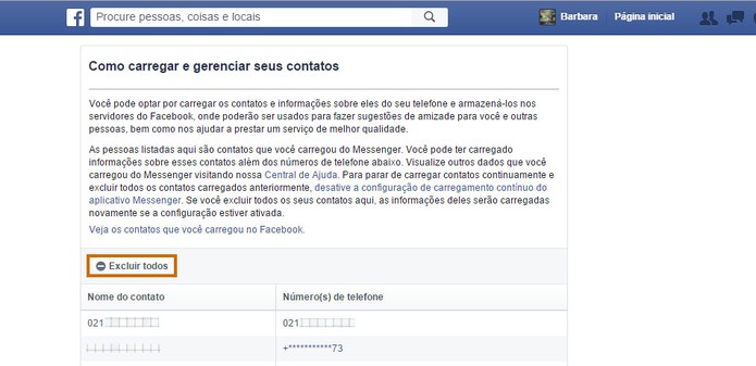 Se preferir a página oferece um botão para excluir os contatos pelo Facebook (Foto: Reprodução/Barbara Mannara)