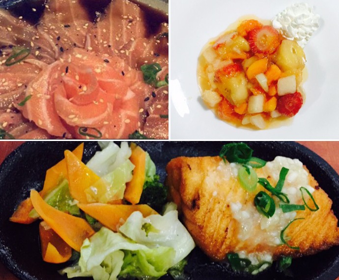 Pratos de Tamires: Salada de frutas, sashimi de salmão e salmão grelhado com legumes (Foto: Arquivo Pessoal)