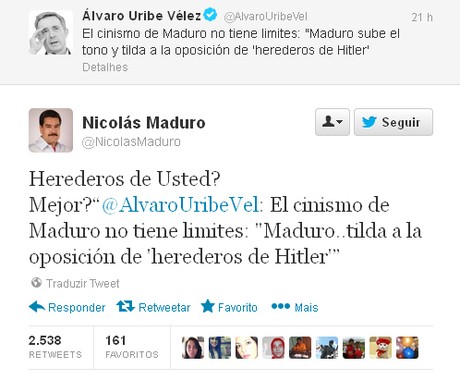 Álvaro Uribe e Nicolás Maduro discutem no Twitter (Foto: Reprodução/Twitter)