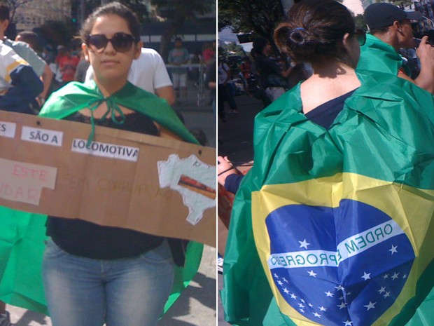 Estudante Poliana Costa, 24 anos, usa bandeira como 'escudo' em MG (Foto: Raquel Freitas/G1)