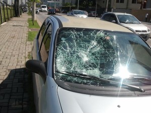Carro atingido por pedras atiradas por homem durante suposto ataque psíquica (Foto: Paula Alvares/G1)