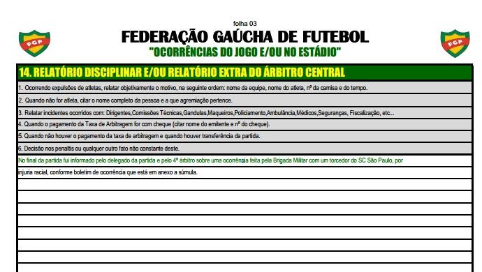 Súmula Racismo Inter x São Paulo-RS (Foto: Reprodução)