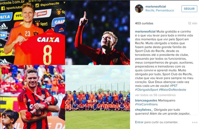 Perto do Corinthians, Marlone usa  rede social para se despedir do Sport