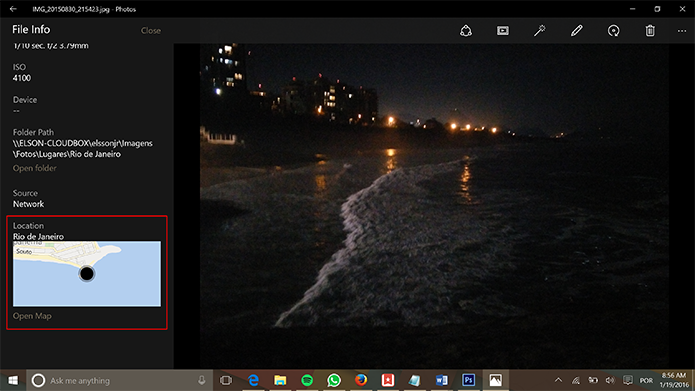 Aplicativo de fotos do Windows 10 mostra localização onde a imagem foi tirada (Foto: Reprodução/Elson de Souza)