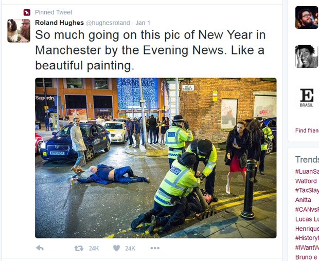 Foto de celebração do Ano Novo em Manchester gerou memes na web (Foto: Reprodução/Twitter/Roland Hughes)