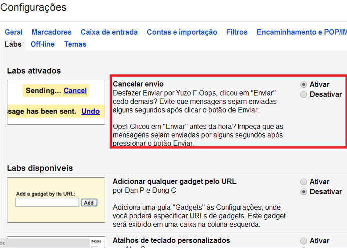 Ativação da ferramenta que cancela o envio de e-mails no Gmail (Foto: Reprodução/ Marcela Vaz)