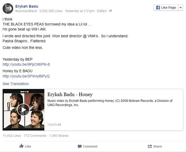 Erykah Badu acusa Black Eyed Peas de plágio (Foto: Facebook / Reprodução)