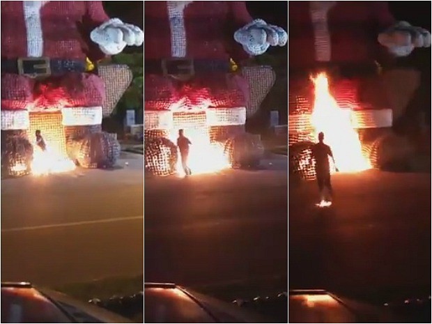 Irmãos atearam fogo em Papai Noel gigante de garrafas pet em Ji-Paraná e filmaram todo o ocorrido. O vídeo da ação tem circulado pelas redes sociais (Foto: Reprodução/Facebook)