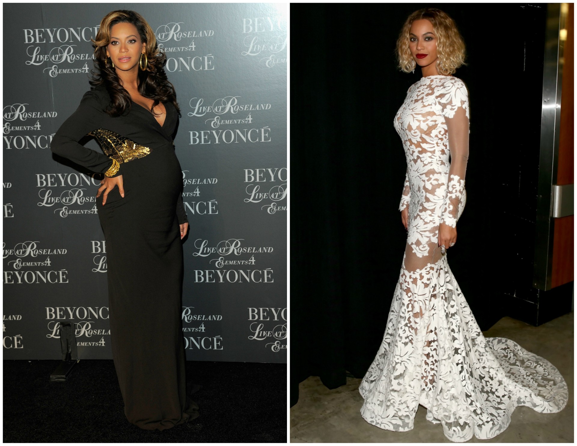 Beyoncé em novembro de 2011 (à esq.) e em janeiro de 2014. A filha da cantora se chama Blue Ivy e nasceu em janeiro de 2012. (Foto: Getty Images)