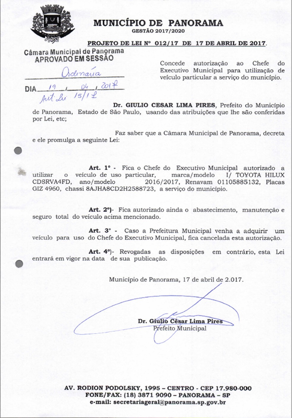 Projeto de lei foi aprovado pelos vereadores de Panorama (Foto: Reprodução)