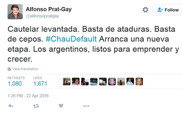 Ministro da Fazenda da Argentina, Alfonso Prat-Gay, anuncia fim da moratória. (Foto: Reprodução/Twitter)