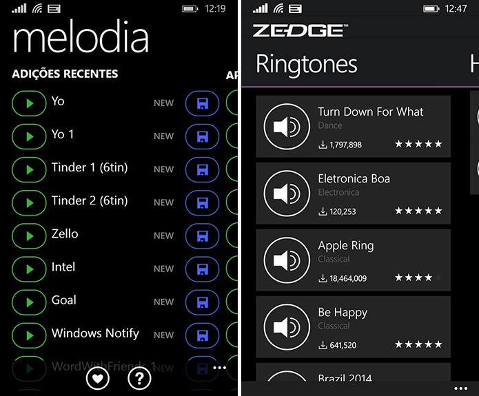 Melodia (à esquerda) e Zedge (à direita) são boas opções para baixar toques para Windows Phone disponíveis no TechTudo Download (Foto: Reprodução/Elson de Souza)