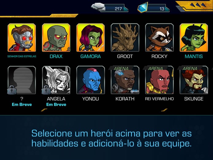 Clicando em “Editar equipe” o jogador poderá personalizar o quarteto que lutará nos combates das partidas de Guardians of the Galaxy: The Universal Weapon (Foto: Reprodução/Daniel Ribeiro)
