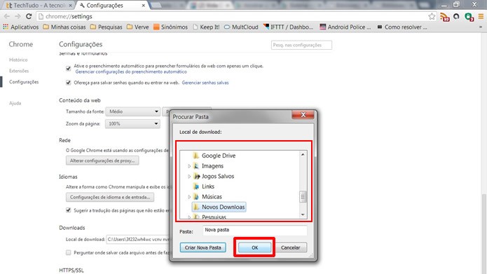 Determine a destinação onde os downloads serão salvos e clique em “OK” para salvar sua escolha (Foto: Reprodução/Daniel Ribeiro)