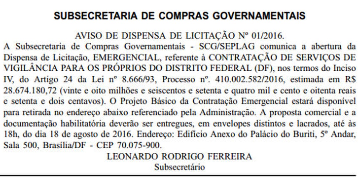 G1 GDF abre novo edital para contratar serviços de vigilância sem