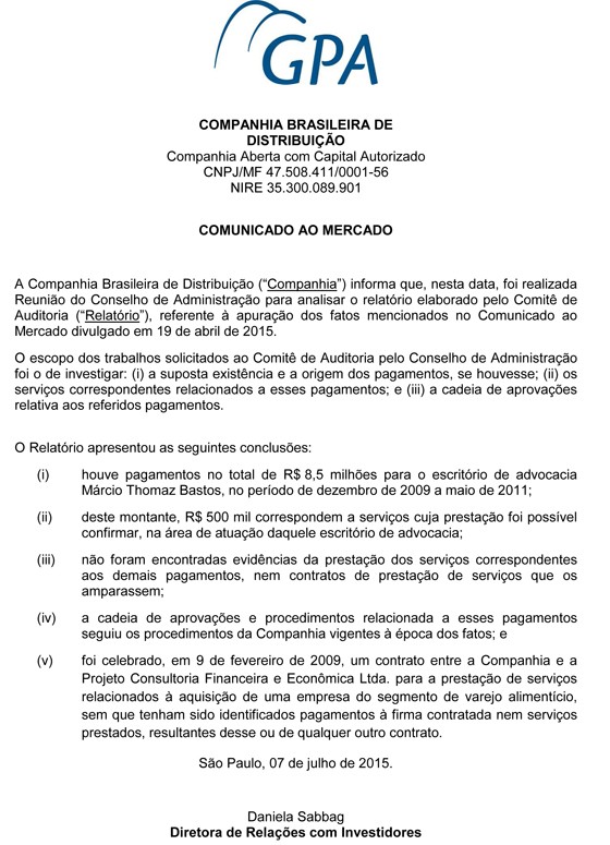 Comunicado do Grupo Pão de Açúcar, divulgado nesta terça-feira (Foto: Reprodução)