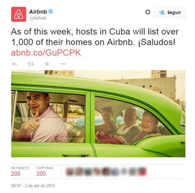 O Airbnb anunciou, nesta quinta, que vai oferecer mais de mil casas e apartamentos para alugar em Cuba (Foto: Reprodução/Twitter/Airbnb)